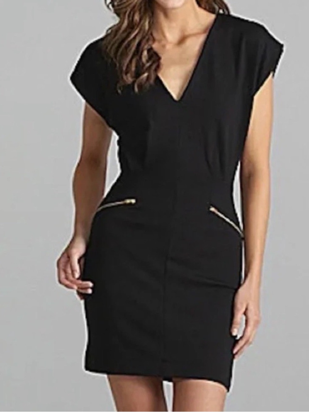 French Connection Black Mini Dress Size 8 Gold Zipper Work Office Chic